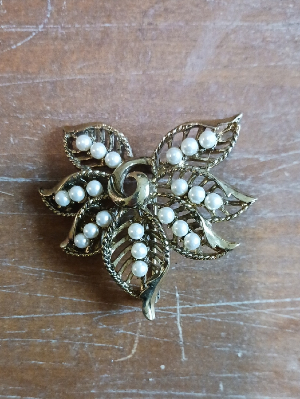 Vintage  Gold Tone Leaf Brooch with White Faux Pearls.